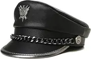 [Lucky angel] Winter Men‘s Genuine Leather Hat Male Flat Top Badge Locomotive Retro Military Caps Students Punk Cortical Chain
