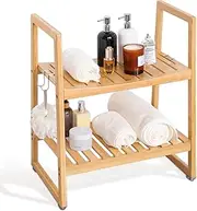 21.6 Inch Bamboo Shower Bench Seat Chair Stool with Arms for Inside Shower, Heavy Duty Spa Bath Chair with 2 Movable Hooks, Non-Slip Feet for Bathroom Accessories (Beige)