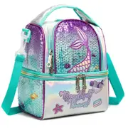 Kids Insulated Lunch Bag With Adjustable Strap High Capacity Bento Box For School Mermaid Sequin Design