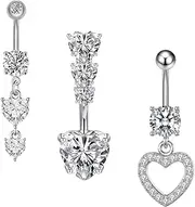 [Peysaitr] 3Pcs Belly Button Bar, Navel Bars Set Silver Belly Bar, Jewellery Heart Dangle Dangling, Belly Button Rings Dangle, Belly Banana Barbell for Women Belly Piercing, one size, Stainless Steel, No