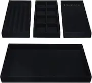 Belle Vous 4 Pack of Black Velvet Stackable Jewellery Organiser Storage Trays - 35.3 x 24.2cm/13.89 x 9.52 inches - Drawer Display Boxes - Removable Sections for Necklaces, Rings, Bracelets & Earrings