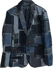 [Bciopll] Men's Denim Plaid Stitching Blazers Patchwork Design Motorcycle Casual Buttons Coat