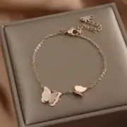 Women Titanium Rose Gold Double Butterflies Ankle Bracelet Chain Foot Anklet A-N