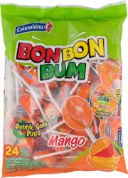 Bon Bon Bum Lollipops W/Bubble Gum Center, Mango Flavor, Individually Wrapped, I