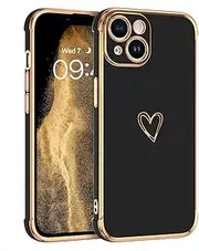 GUAGUA Case for iPhone 14 Luxury Electroplate Edge Bumper iPhone 14 Cases Cute Heart Pattern for Women Girls with Camera Protection & 4 Corners Shockproof Protection Phone Cover Black