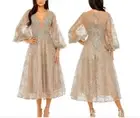 New Mac Duggal EMBELLISHED PLUNGE NECK ILLUSION LONG SLEEVE MIDI Gold Sz 18 MOB