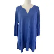 Chicos Womens Longline Linen Tunic Top Size L Blue Roll Tab Sleeve Nautical NWT