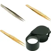 Precision Brass Anti-Magnetic Tweezers Set with Round Triplet Loupe 10x