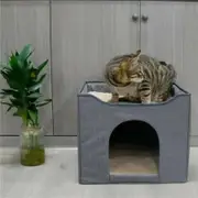 Cat House&Condo with Bed, 2 in 1 Cat Hideaway Cube, Foldable Cat Cardboard House, Enclosed Cat Cave for Indoor Cats, Cat Box for Indoor Cats Col Grey