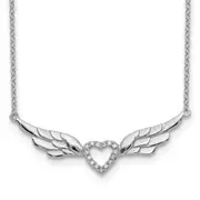 Sterling Silver Rhodium-Plated Cz Heart With Wings 16 Inch Necklace 1 Extension
