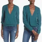 NWT Leith Long Sleeve Surplice Top Teal Deep Stretch Knit Faux Wrap Career XS
