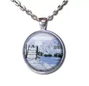 Vintage Art Claude Monet Magpie Bird Handmade Glass Pendant Necklace Jewelry