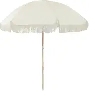 White Patio Umbrella Outdoor, Beach Umbrella with Tassel, Wooden Pole, Button Tilt, Market Umbrella for Garden/Pool/Lawn