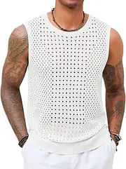 Runcati Mens Knit Sleeveless Tank Tops Casual Hollow Out T Shirts Beach Summer See Through Tops