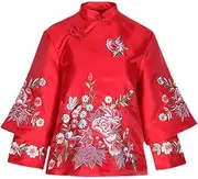 [QPZK] Women Chinese Tang Suit Coat Hanfu Jacket Traditional Clothing,Embroidered Flower Clothing Oriental Clothing red-3XL