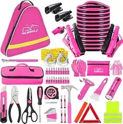 Car Roadside Emergency Kit - Pink Assistance with Jumper Cables, Auto Repair Tool Set, Deer Whistles, Winter Safety Assist for Teen Girl and Ladies