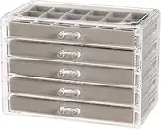 HORHEAR Acrylic Jewelry Organizer 5 Drawers Clear Jewelry Box with Flannel Lining Cosmetics Earrings Ring Bracelet Necklace Holder Accessories Storage Box (Grey)