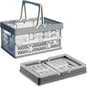 Plastic Basket with Handle, 15-Liter Folding Pastel Crates for Organizing and Storag Plastic Grocery Shopping Baskets Stackable Storage Bins for Kitchen Living-room Desktop Shelf Organing,Grey