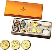 Labymos Wax Seal Stamp Kit with 3pcs Seal Stamp and 2 Bottle of Wax Beads Spoon/Candle for Vintage Envelopes Letters Mailing Crafts Gift for Envelopes Letter Cards Wedding Invitations Packaging