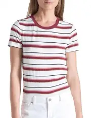 BNWT David Lawrence Button Detail Stripe Flowy Smart Casual Tee Top Red Gold S