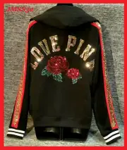 Victoria's Secret Pink Bling Floral Lace-up Hoodie Pullover Black Red Rose XS M