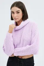Pink Knit Jumper Turtle Neck Chenille - Size S, Women's Crop Knitted