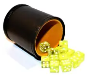 Bicast Leather Dice Cup w/ Yellow Felt Lining & 12 Translucent Yellow Game Dice