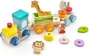HONEY JOY Wooden Stackable Train Set, Educational Train Set w/Colorful Animal Toys & Retractable Locomotive, Safe Solid Wood Material, Fun Wooden Cars for Boys & Girls Ages 3 + Years Old
