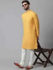 Men's Yellow Kurta With Band Collar - Even Apparels