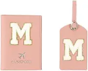 [Generic] Passport Cover Holder and Luggage Tag Set TSA Approved with Initial Chenille Letter Patch A-Z for Women Teenage Girls, Vaccine Card Slot Travel Bag Suitcase Identifier (Pink, One Size)