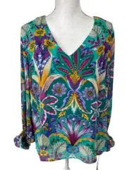 Nicole Miller Women's 2X Fitted Sheer Balloon Sleeve Lined Chiffon Blouse Green