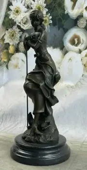 Bronze statue art deco girl w/flower art nouveau statue, signed Artwork Gift