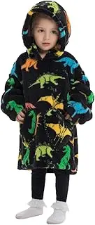 [KPBKQLGA] Wearable Blanket Hoodie for Kids Toddlers, Oversized Blanket Hoodie for Girls Boys, Super Warm Cozy Hooded Sweatshirt with Pocket, Cute Pattern & Soft Touch(60cm in length,Dinosaur)