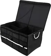 Car Trunk Organizer with Lid, 55L Large Capacity Collapsible Multi Compartment Oxford Cloth Waterproofing Portable Car Storage Box with Handles for SUV, Truck, Sedan (Black)