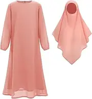 [IKADEX] Muslim Dress for Girls Islamic Prayer Abaya Long Sleeve Solid Color Chiffon Kaftan Robe Dresses with Hijab and Pocket