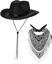 [Frediuo] Cowboy Hat and Paisley Bandana Cowgirl Hat Headgear with Adjustable Chin Strap for Beach Stage Performance Halloween Wedding
