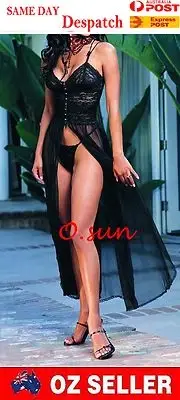 Women Black Lace Sexy Lingerie Long Dress T-Back Roses Pattern Club Dance Pole