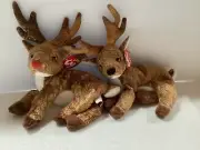 TY 2000 Beanies ROXIE BLACK NOSE & ROXIE RED NOSE REINDEERS Set of 2 - 7.5” NEW