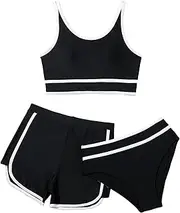[COOLOYA] Girl's 3 Piece Bikini Set Side Stripes Swimwear Bathing Suit with Cover Up Shorts