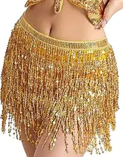 [POHKUIA] Gold Sequin Tassel Skirt Wrap Belly Dance Sparkling Skirts Fringe Hip Scarf for Festival