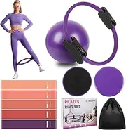 Goocrun Pilates Ring Exercise Set. 14” Elasticity Circle with Dual Padded Handles. with Core Ball, Resistance Bands, Core Sliders
