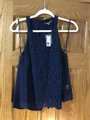 Miss Me Lace Top Dark Blue Nav Tank Top Size XS New With Tags Open Back Summer