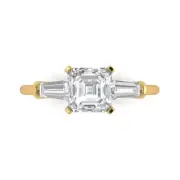 14K Yellow Gold Three-Stone Promise Ring, 1.62 ct Emerald Cut Simulated Diamond