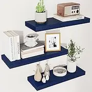 Solid Wood Floating Wall Shelves Set of 3 - Modern Blue Shelves for Wall Decor Storage in Bedroom, Living Room, Bathroom, Kitchen