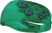 [CADREWY] Green Peacock Feather Print Stylish Sports Sweatband Stretchy Breathable and Moisture Wicking Headband for Gym