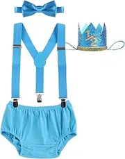 [IBTOM CASTLE] Baby Boy 1/2 Birthday Cake Smash Outfit Diaper Cover Suspenders Bow Tie Crown Gentlemen Boys Suits Half Way To One Birthday Baby Shower Newborn Photography Clothes Set