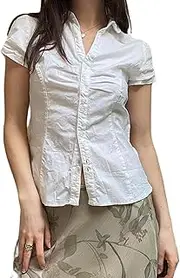 [Fiacafyo] Womens Button Down Basic T-Shirts Cap Sleeve Lapel Collar Tie Back Loose Office Business Shirt Summer Casual Tops