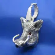 Large Sterling Silver Hog Head Pendant with Rifle as Bail and Red Gemstone Eyes