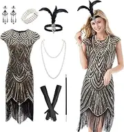 Joyesplay 1920s Dress with Accessories for Women Sequin Fringed Gatsby Flapper Cocktail Dresses 7PCS 1920s Costumes Woman Vintage Dress Costume Set 20s Accessories Mafia Costume Ladies