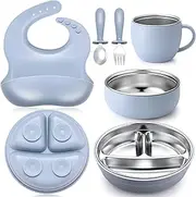 Nuogo 6 Pcs 304 Stainless Steel Kids Plates and Bowls Set Stainless Steel Suction Bowls and Toddler Cup with Removable Silicone, Forks Spoons Pocket Bib for Baby Toddle
